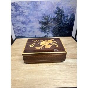 Vintage Lacquered Wood Jewelry Music Box with Inlaid Flowers Made In Italy